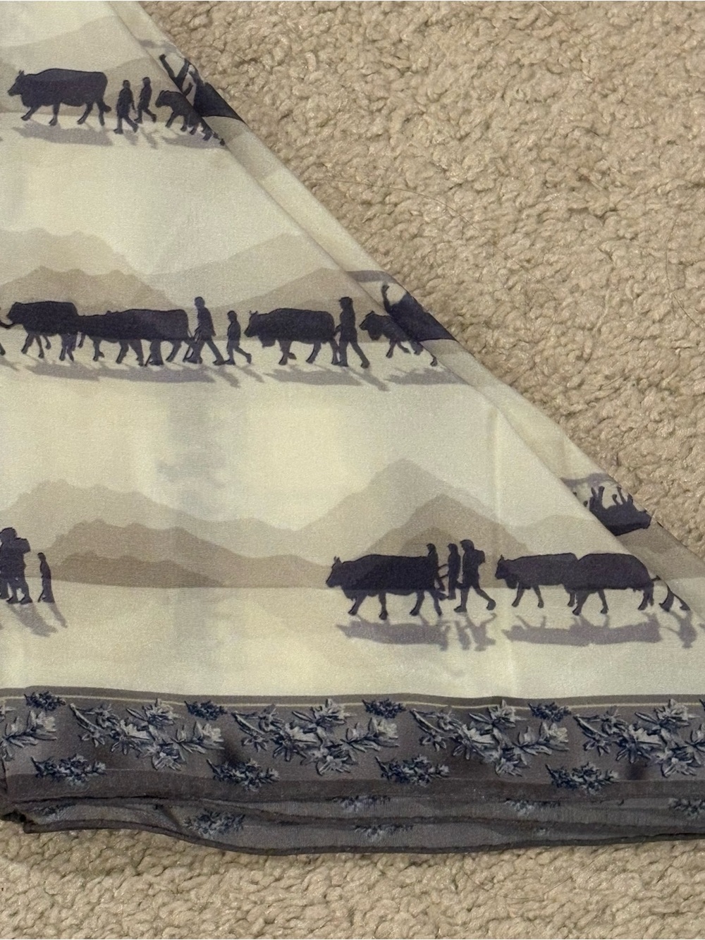 Anina Hee 100% Silk Cream and Gray Scarf Scenic Mountains Cows 20” x 20”